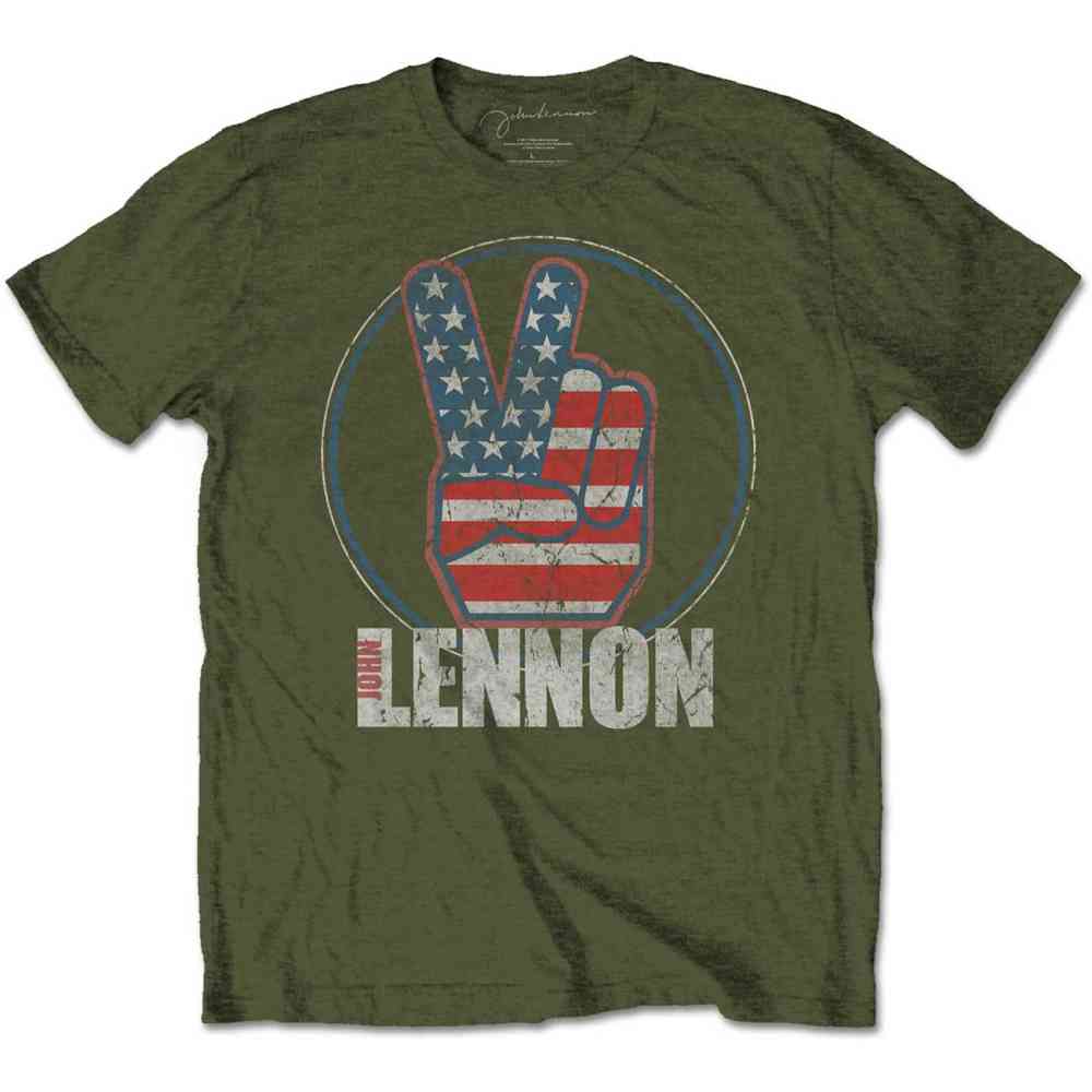 John Lennon - Peace Fingers US Flag Mens Tshirt - Green